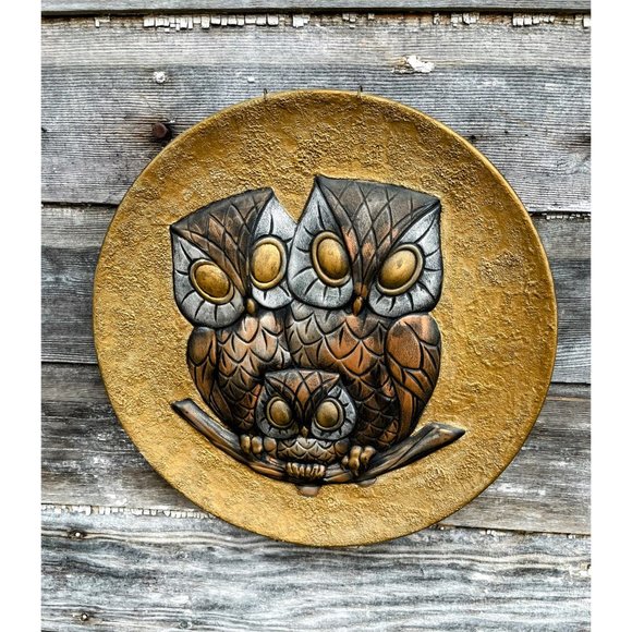 Vintage MCM Decor Hanging Plate/Plaque Owls Gold Brown - Picture 10 of 11